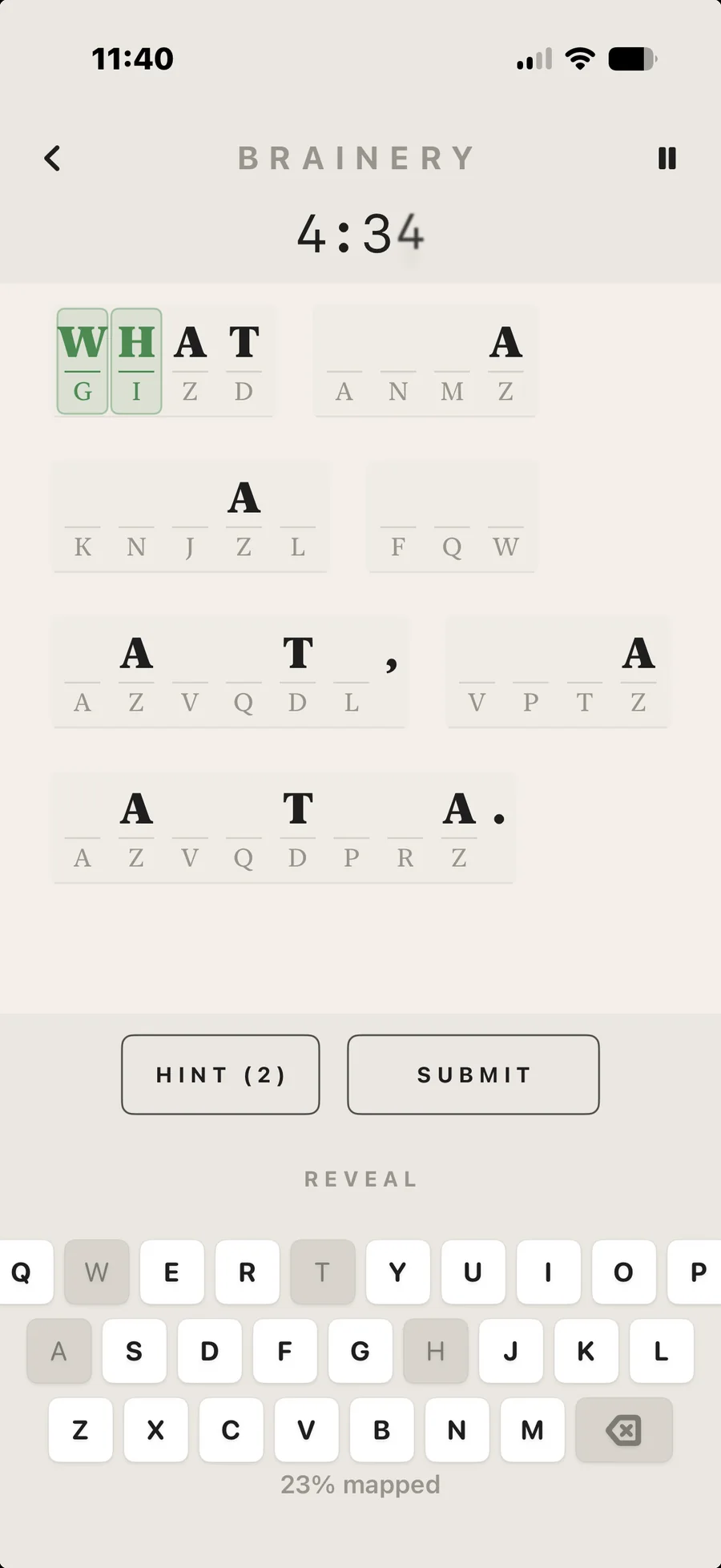 Brainery — a cryptogram puzzle mid-solve with a letter-mapping keyboard
