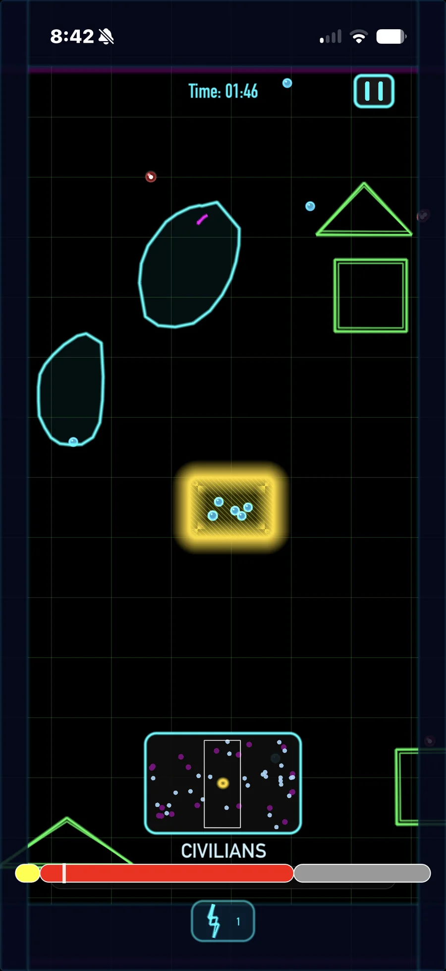 Containment Realm — a neon perimeter drawn around escapees on a dark grid, with timer and shield meter