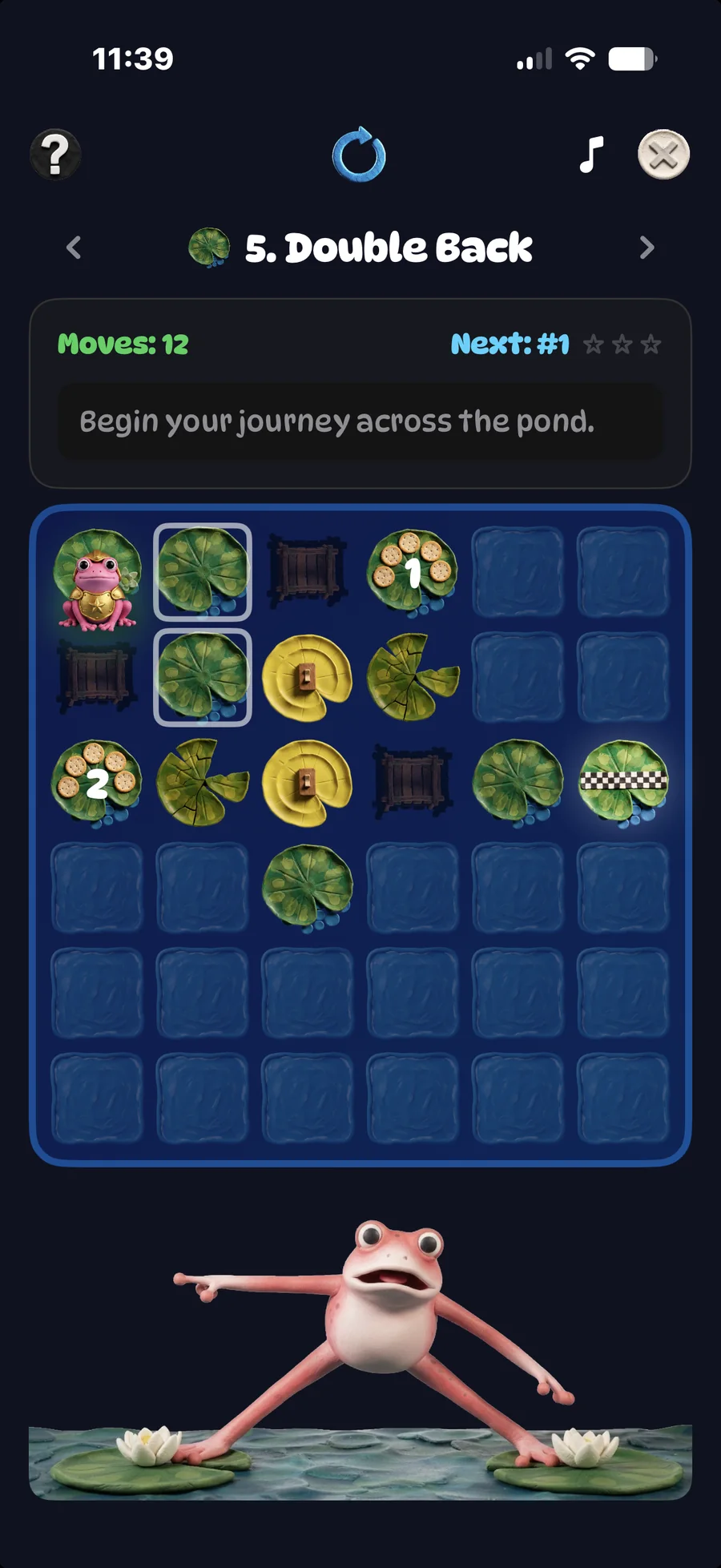 LilyPad Legend — a tile-based pond puzzle grid with a crowned frog, switches and numbered goal pads