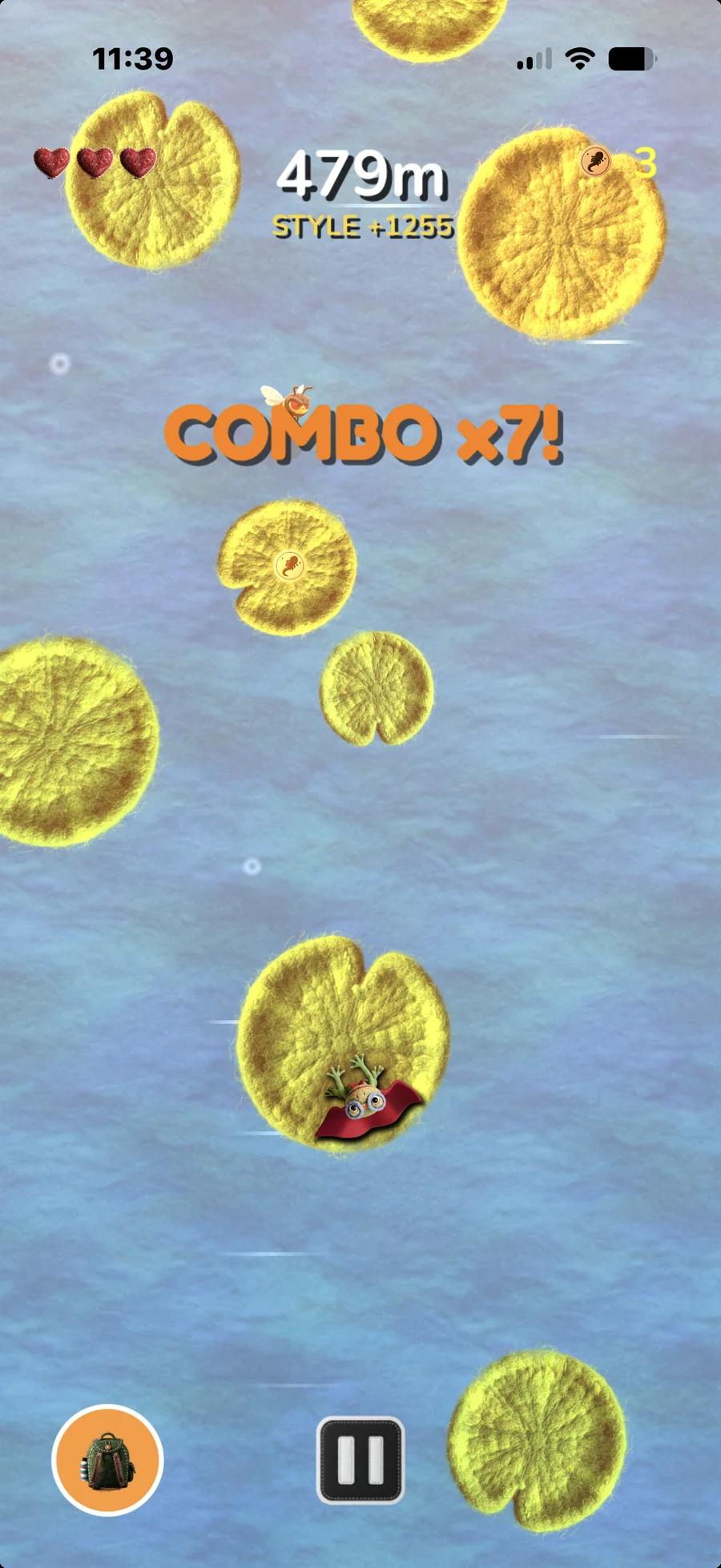 Stunt Frog Superstar — a caped frog chaining a combo across falling lily pads